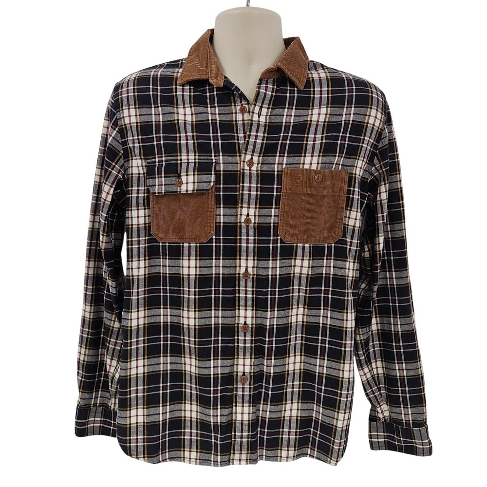 Brooks Brothers Red Fleece Shirt Mens Medium Plaid Corduroy Collar Casual Pocket